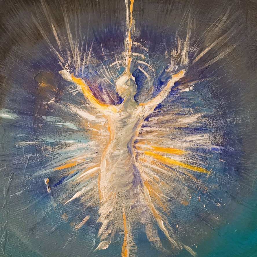 Lichtgestalt von hinten mit erhobenen Armen