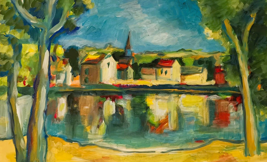 Dorf und Spiegelung im See